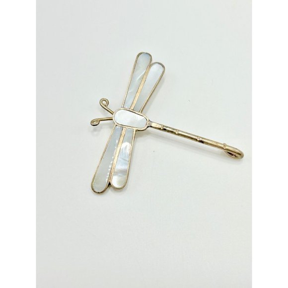 Vintage Alpaca Silver Mexico Dragonfly Insect Pin Brooch Mother of Pearl Inlay - Picture 4 of 10